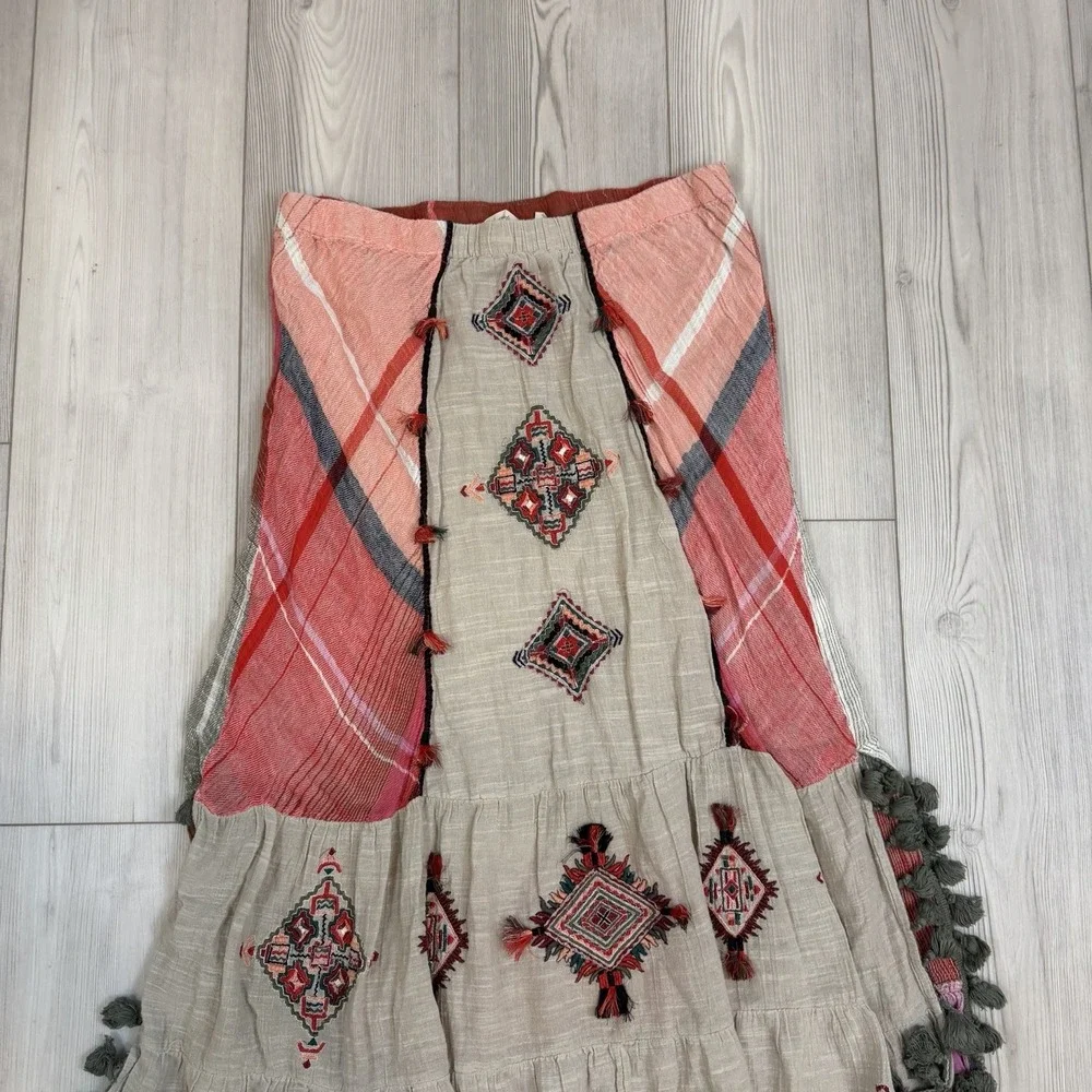 Soft Surroundings Maxi Skirt Womens Large Bohemian Embroidered Pom Plaid‎ Gauze